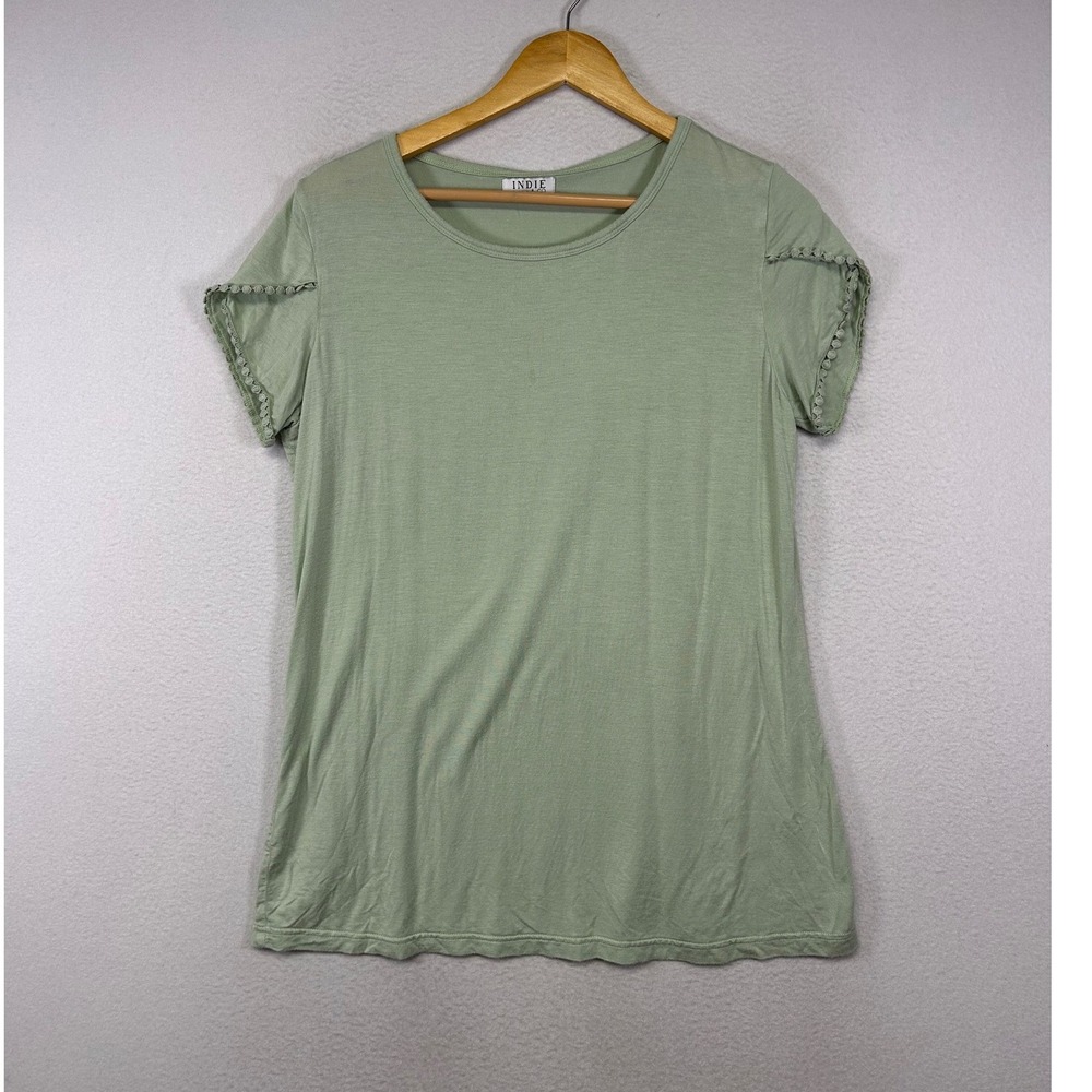 Boho Indie & Co Womens‎ Large Sage Green Pom Pom Trim Crochet Short Sleeve Tee